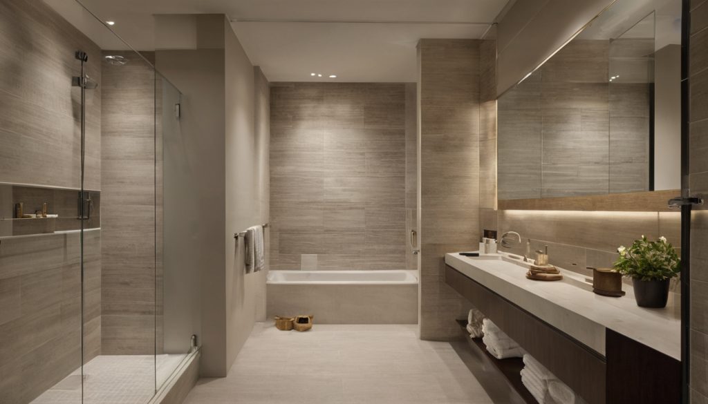 Bathroom clearances must be separated into code minimums and comfortable planning targets shown in a luxury residential interior