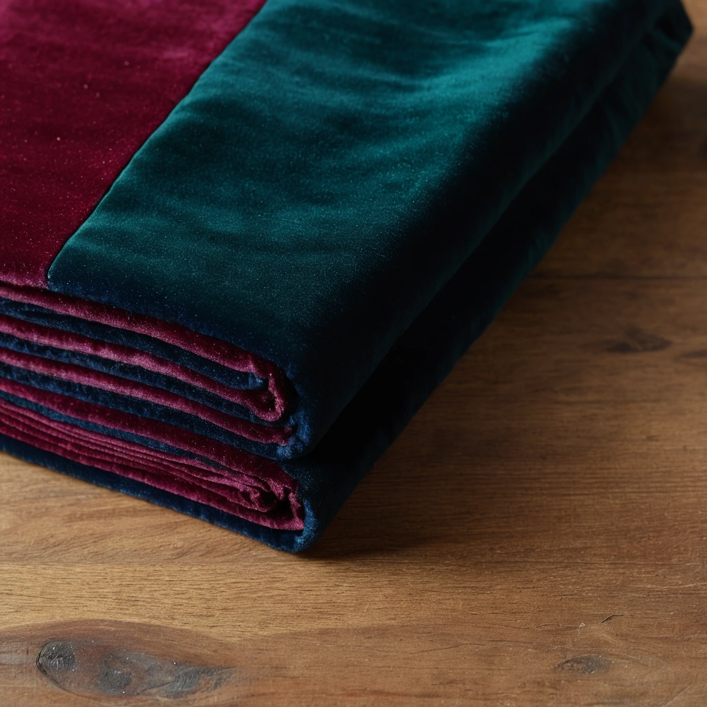 Folded lengths of cut pile velvet in deep green, oxblood and blue stacked on a wooden table