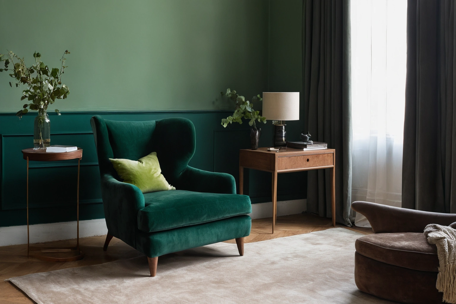 Upholstered armchair in deep green cut pile velvet in a contemporary sitting room
