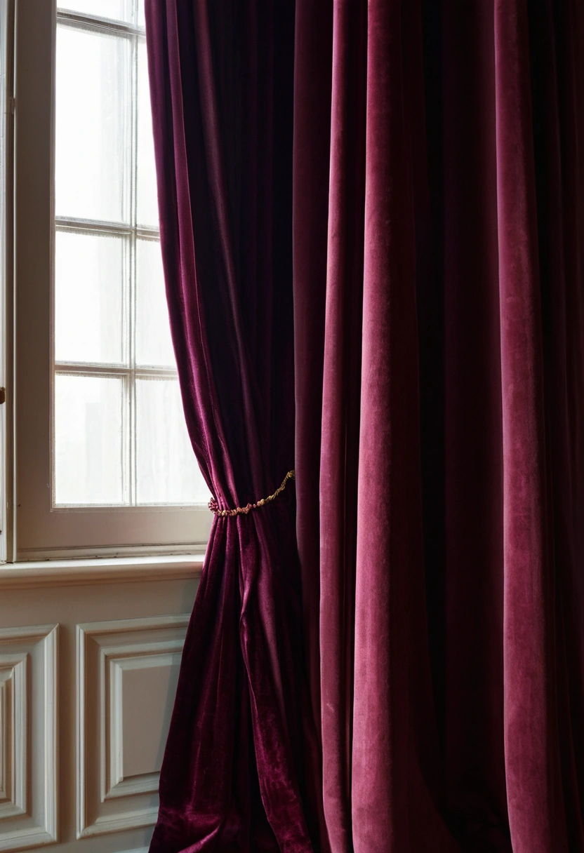 Heavy velvet curtains stacked in deep folds beside a tall window